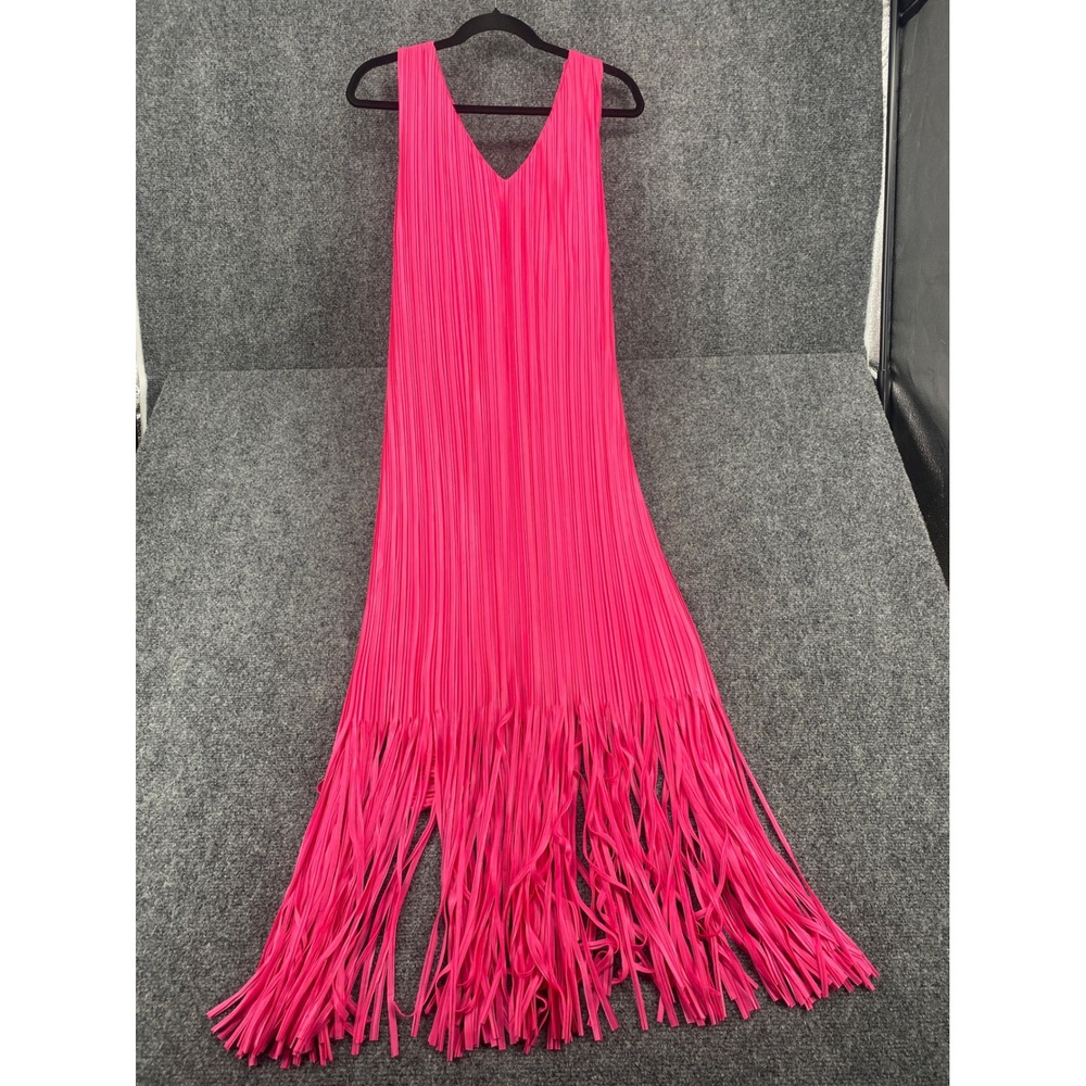 Boston Proper Pleated Fringe Maxi Dress Womens Large Pink V-Neck Sleeveless